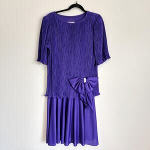 VTG After Dark Formal Cocktail Dress Purple Dropped Waist Bow Crinkle 11/12